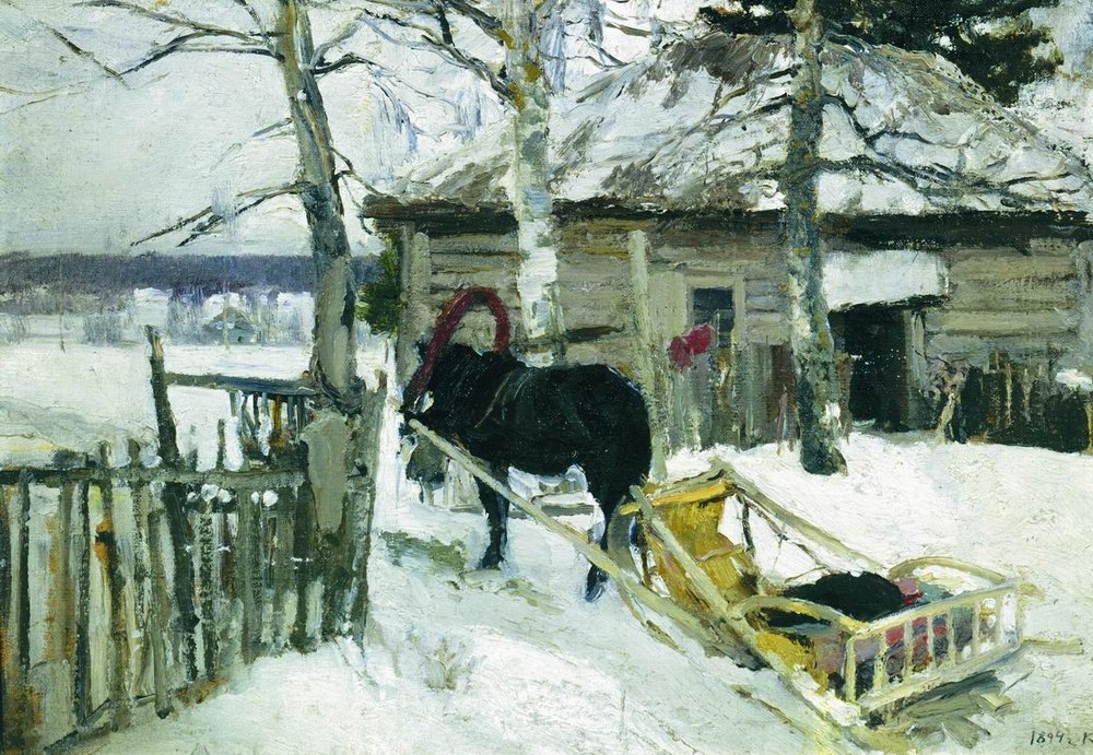Зимой. 1894. Деревенский пейзаж, Фотография зимы, картина, лошадь, сани,  бревенчатый дом